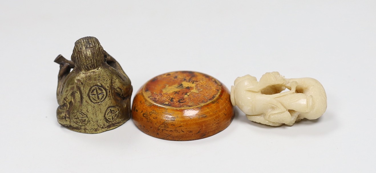 Assorted Chinese works of art including a soapstone carving of a luohan, 16cms high